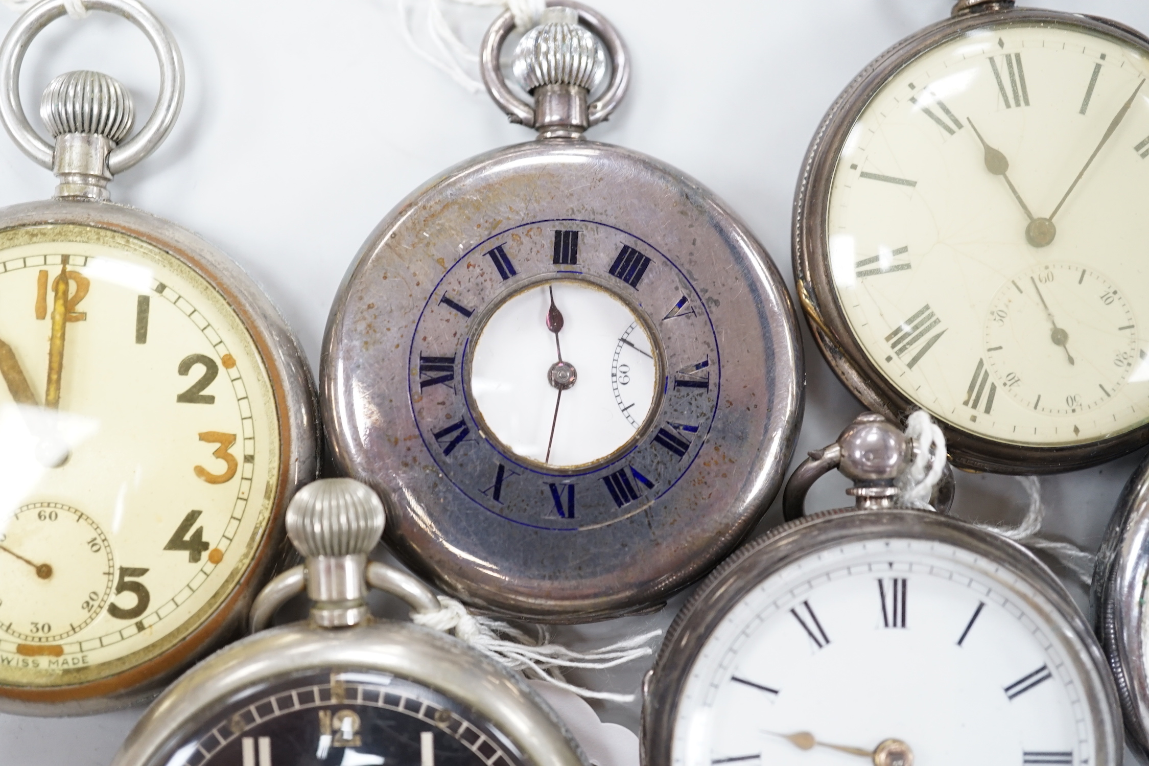 Fourteen assorted mainly base metal pocket watches including two Jaeger LeCoultre and a chronograph.